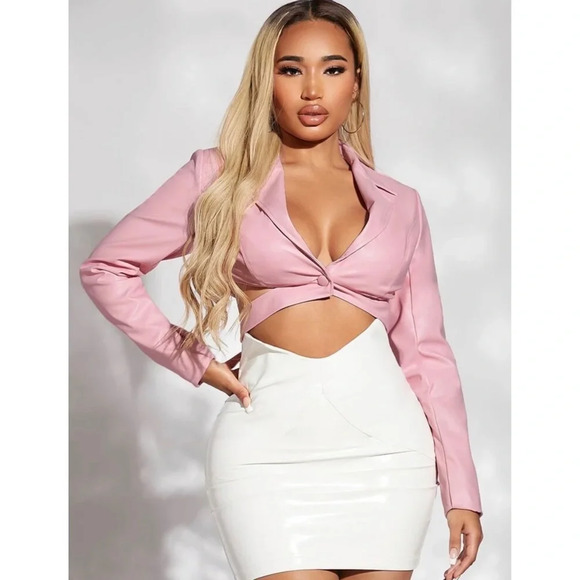 Sexy Faux Leather Baby Pink Single Button Crop Jacket - Picture 3 of 6